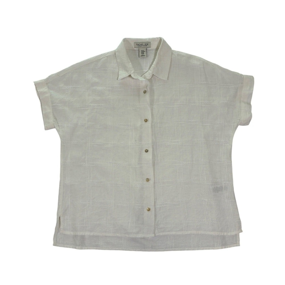 Rachel Zoe White Linen Blend Windowpane Plaid Short Sleeve Button Down Shirt XS